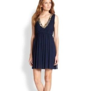 Alice + Olivia Womens Silk Embellished Cocktail Dress Size 0 Navy Blue Fit Flare